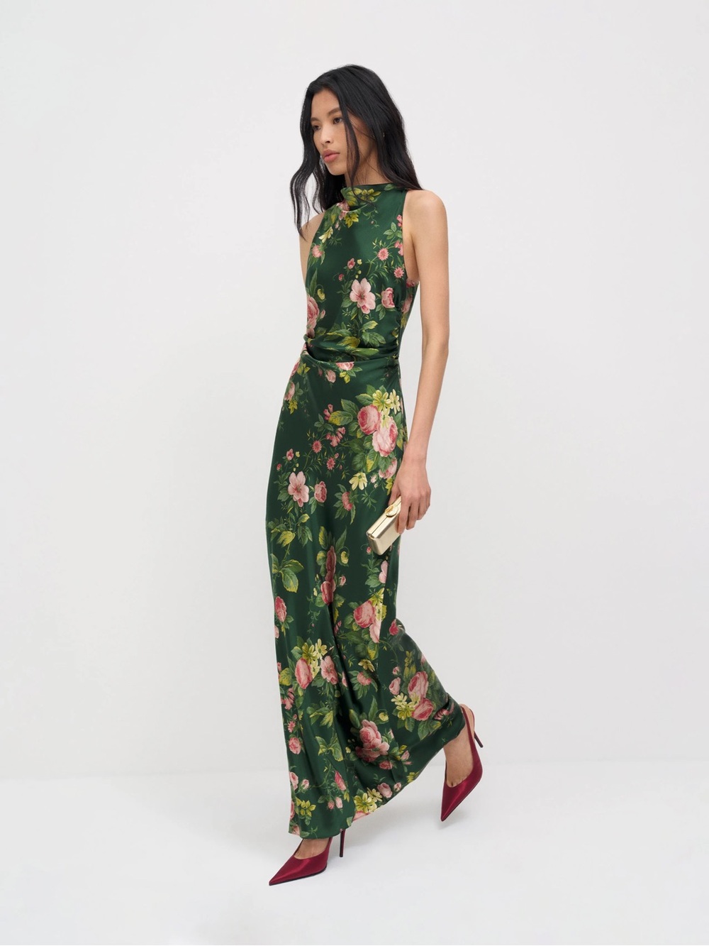 Reformation Dark Green Floral High-Neck Silk Dress